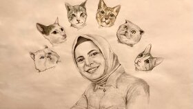 Karakalem portre ve renkli kediler