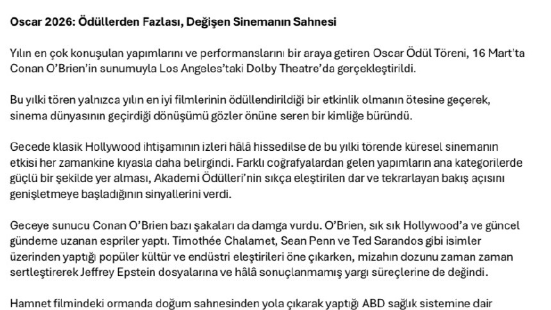 Oscar 2026 - Metin çalışması