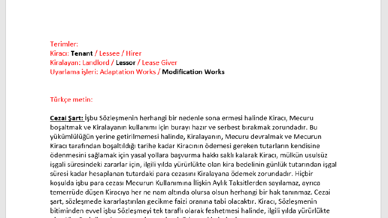 Kira Sözleşmesi Çeviri