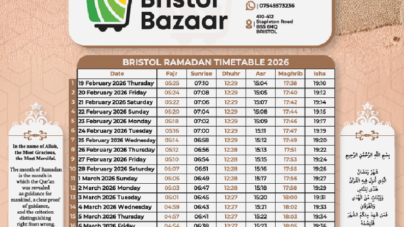 Bristol Bazaar - 2026 Yılı Bristol Ramazan İmsakiyesi