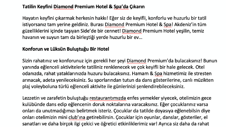 Diamond Hotels İçin SEO uyumlu 28 içerik