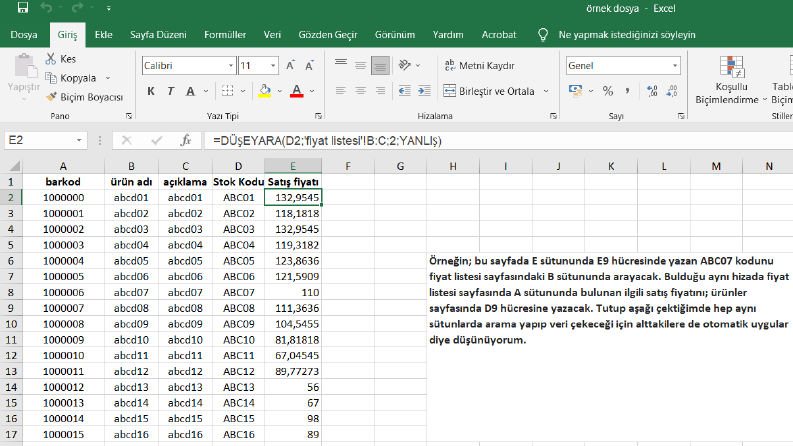 Excel DÜŞEYARA Formülüyle Veri Çekme