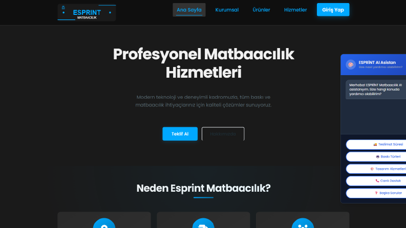 Esprint Matbaacılık için Özel Websitesi