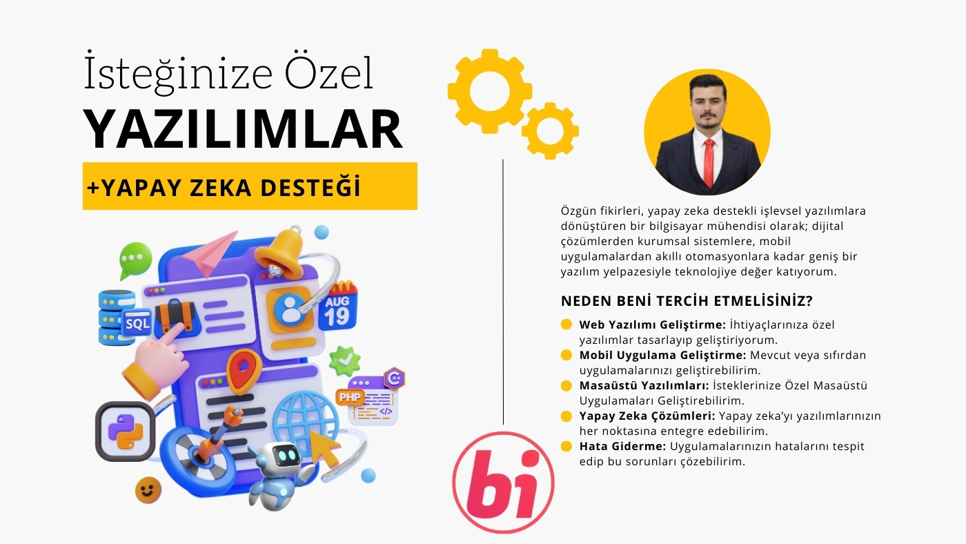 Yapay zeka destekli python, c# ve php yazılımları ilan görseli