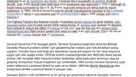 İngilizce-Türkçe F16 Savaş Uçağı Açıklaması Çevirisi