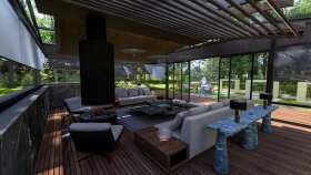 Cam cephesi ve şömineli modern kış bahçesi tasarımı