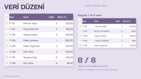 FORM ürün listesinde Excel veri düzeni