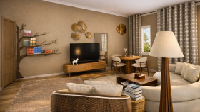 Sıcak ve Doğal Dokularla Modern Salon Tasarımı – 3D Render 