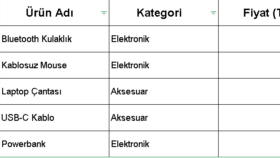 Excel Veri Girişi ve Tablo Düzenleme Örneği