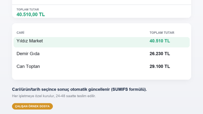 stok/cari/tarih takip Excel sistemi kuruyorum