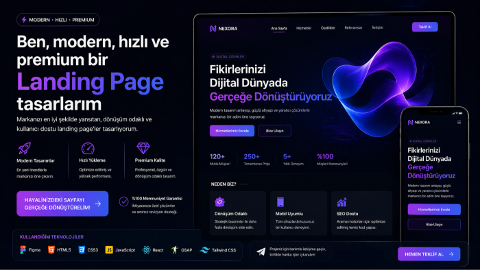 modern, hızlı ve premium bir Landing Page tasarlarım