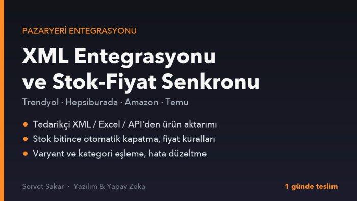 pazaryeri XML entegrasyonu ve stok fiyat senkronu yaparım