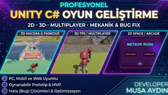 Unity ile fikrinize özel profesyonel 2D/3D oyun geliştiririm