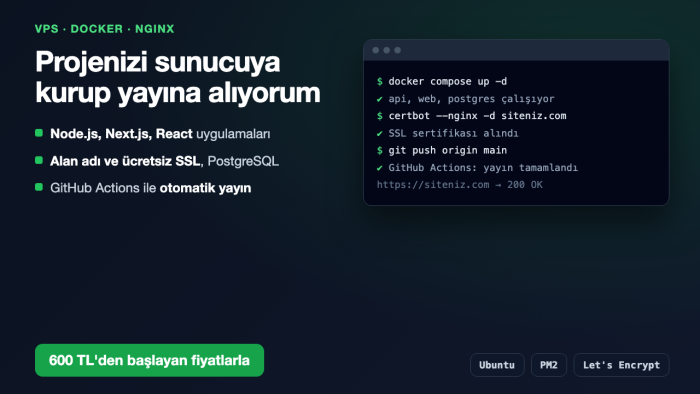 Node.js ve React projenizi sunucunuza kurup yayına alırım