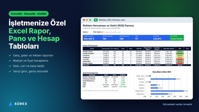 işletmenize özel formüllü Excel rapor ve tablo hazırlarım