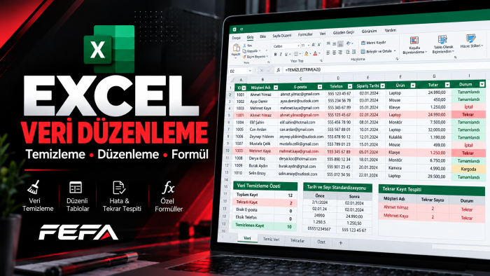 excel verilerinizi temizler, düzenler ve formüller eklerim