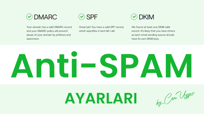 emailinizin spama düşmemesi için spf, dmarc ayarları yaparım