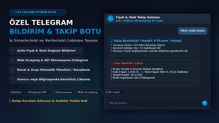 işiniz için özel Python Telegram bildirim-takip botu yazarım