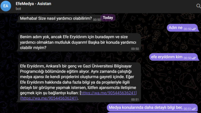 yapay zeka destekli Telegram botları yazabilirim