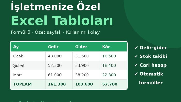 işletmenize özel Excel tabloları hazırlarım