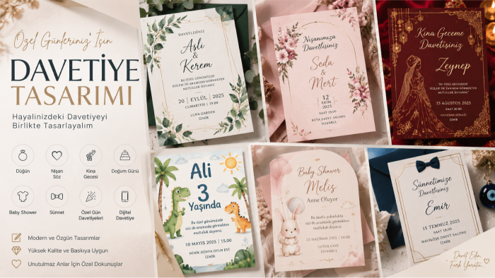 düğün, nişan ve özel günler için modern davetiye tasarlarım