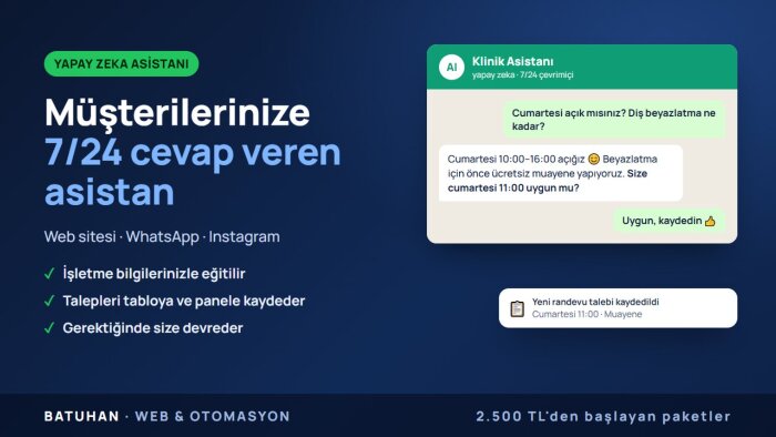 web sitenize ve WhatsApp'ınıza yapay zeka asistanı kurarım