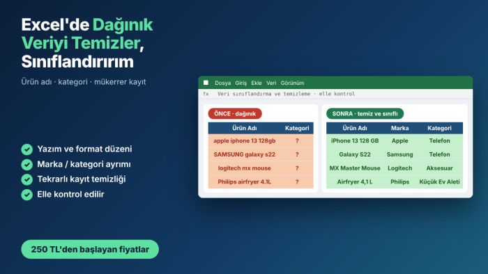 excel'de dağınık ürün listenizi temizler ve sınıflandırırım