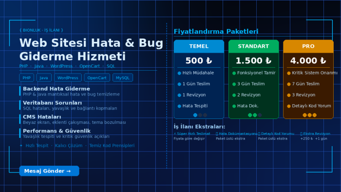 web sitenizdeki teknik hataları ve bugları hızla gideririm