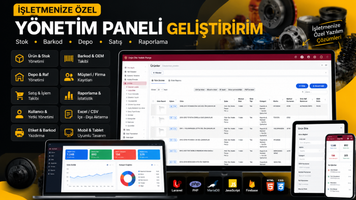 işletmenize özel yönetim paneli geliştiririm
