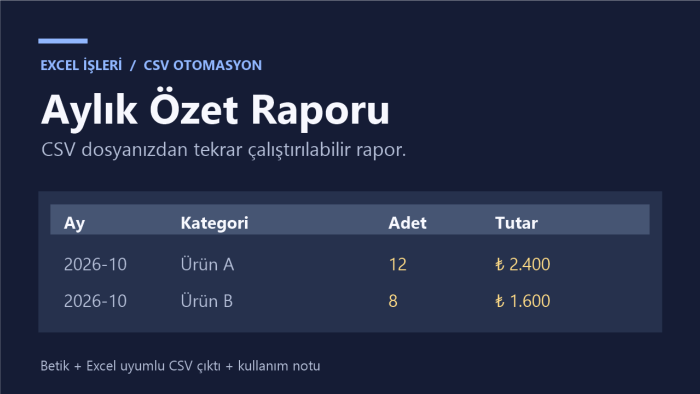 CSV verinizden aylık özet raporu otomatik hazırlarım