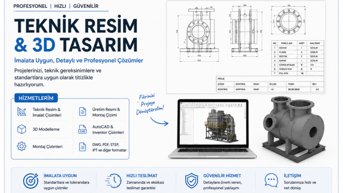 İmalata uygun teknik resim ve montaj çizimleri hazırlarım