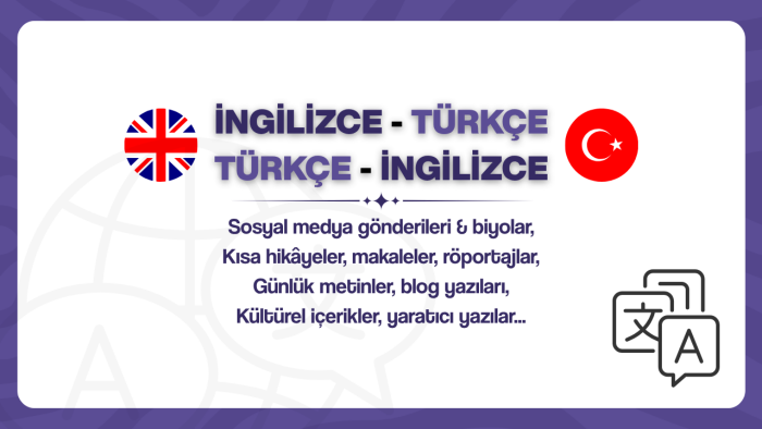 çeşitli alanlarda İngilizce - Türkçe çeviri yapabilirim