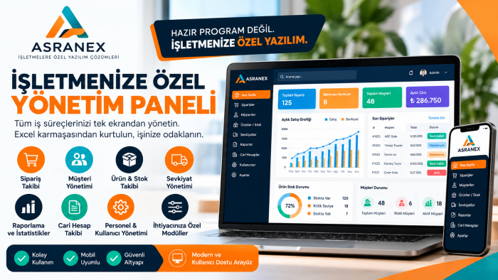 işletmenize özel yönetim paneli geliştiririm