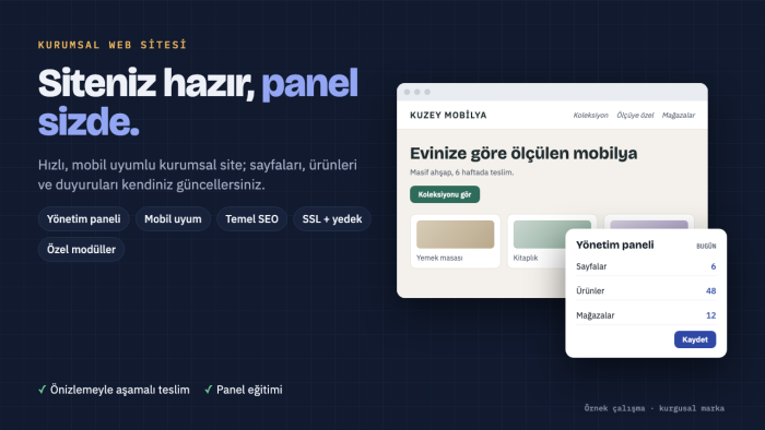 panelden yönetilen kurumsal web sitenizi kurarım
