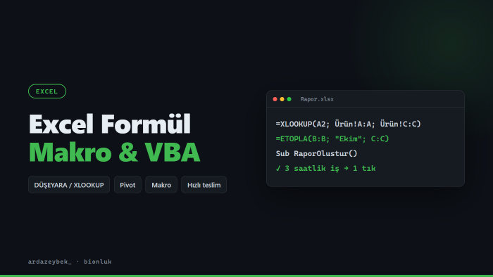 Excel formül, makro ve VBA işlerinizi hızlıca yaparım