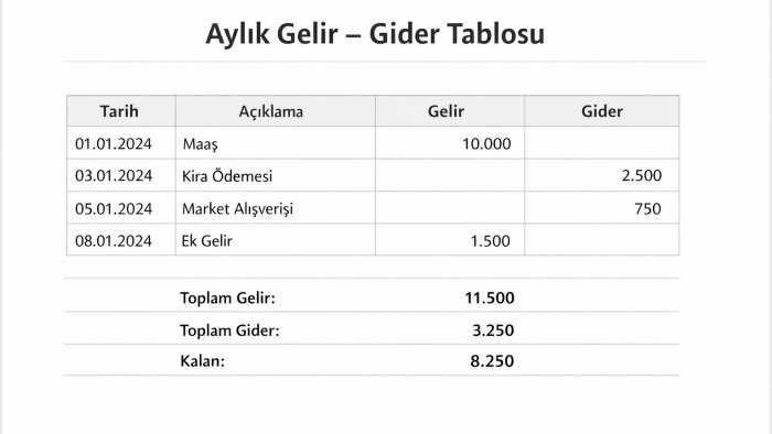 excel gelir - gider ve hesaplama tablosu hazırlarım