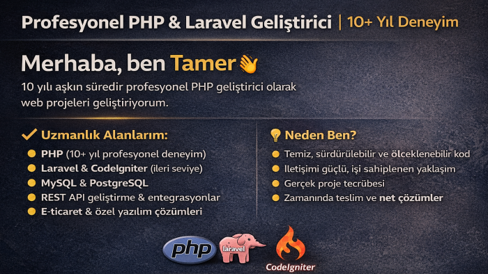 Laravel ve PHP ile profesyonel web projeleri geliştiriyorum