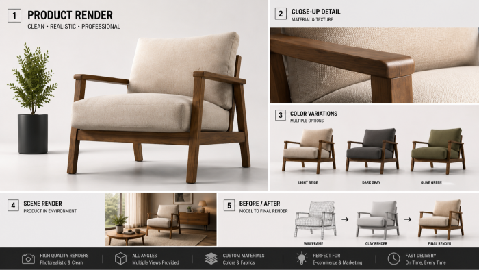 gerçekçi 3D ürün ve mobilya renderları hazırlarım