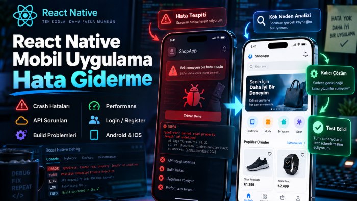 React Native mobil uygulamanızdaki hataları gideririm