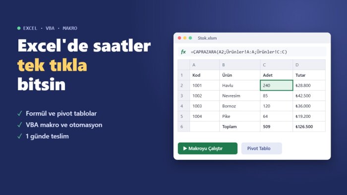Excel formül, makro ve VBA işlerinizi hızlıca yaparım