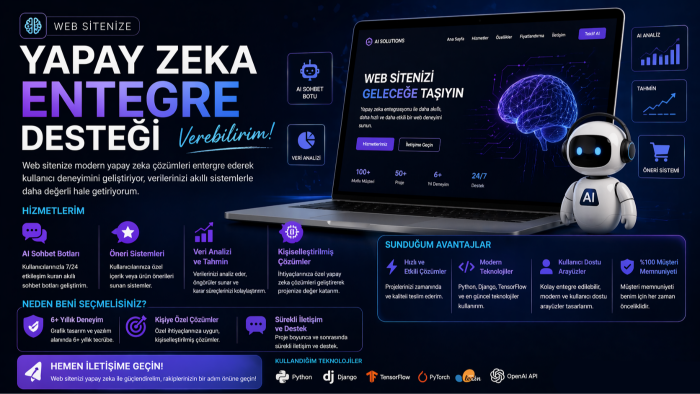 web sitenize yapay zeka entegre desteği verebilirim