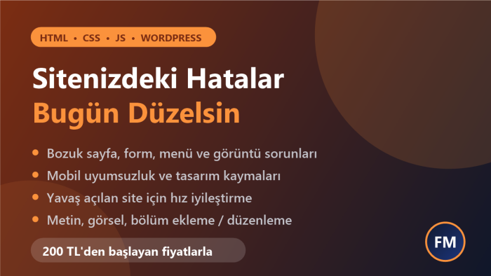 web sitenizdeki hataları ve sorunları hızla düzeltirim