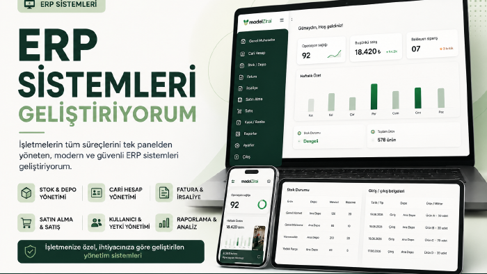 işletmenize özel modern ERP ve yönetim paneli geliştiririm