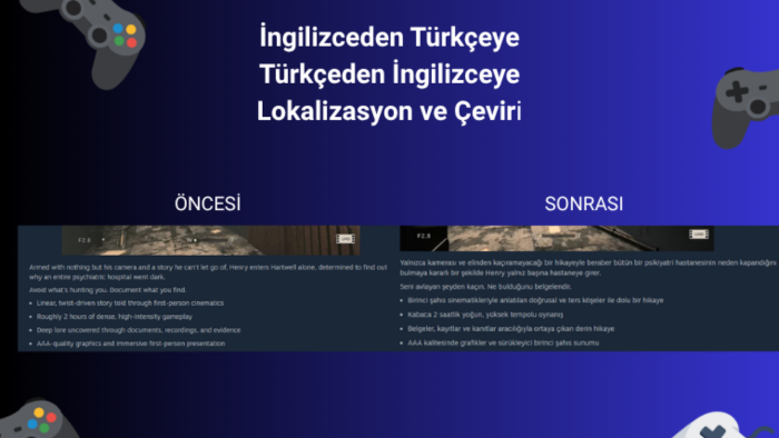oyununuzu ve mağazayı İngilizceye veya Türkçeye çeviririm