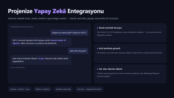 projenize yapay zekâ (AI) entegrasyonu yaparım