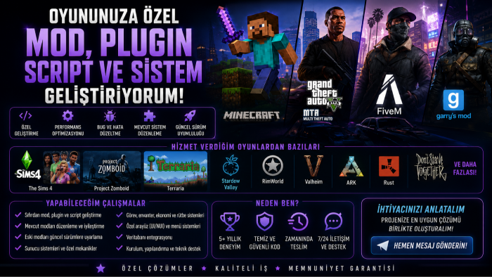 oyunlara özel mod, plugin ve script geliştiriyorum