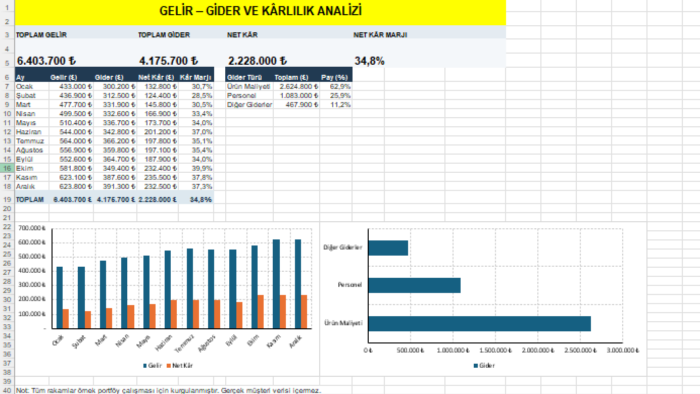Excel gelir gider ve kârlılık analizi hazırlarım