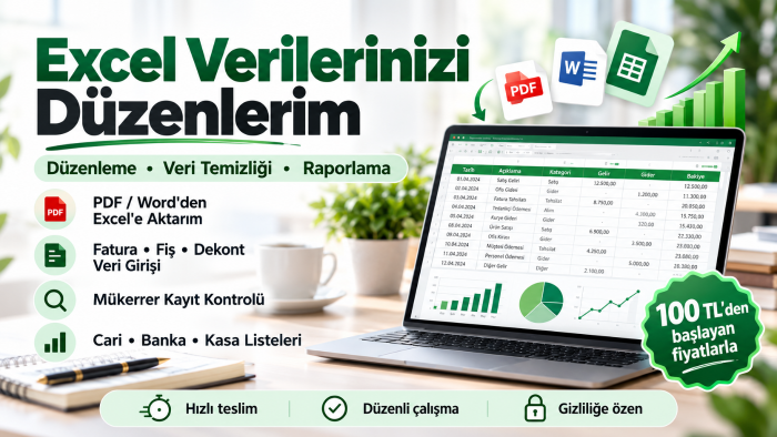 Excel verilerinizi düzenler ve kullanıma hazırlarım