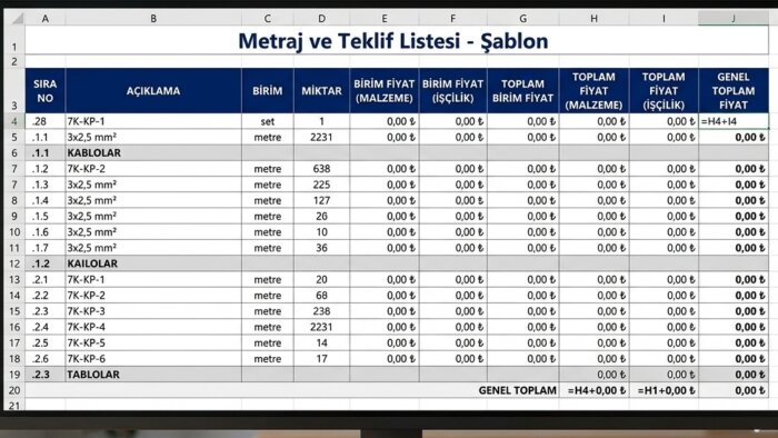 elektrik projelerinizin keşif tablolarını oluştururum