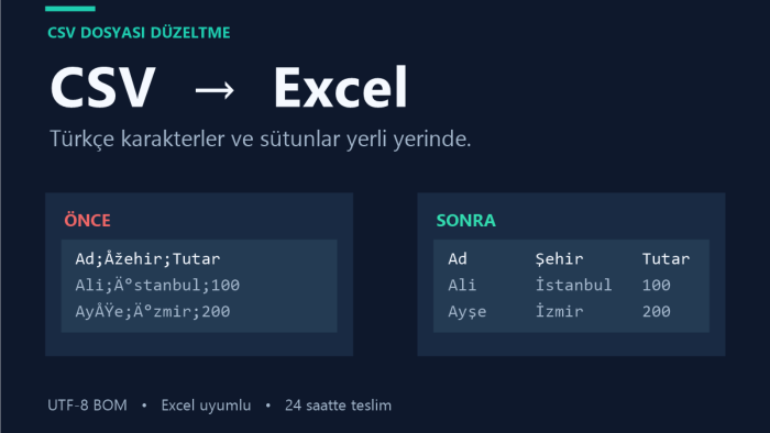 CSV dosyanızı Excel'e uygun biçimde düzeltirim